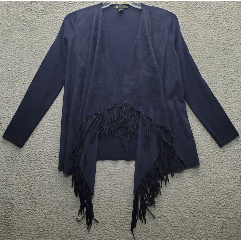 INC International Concepts Cardigan Womens Medium Navy Fringe Stretch Open Front
